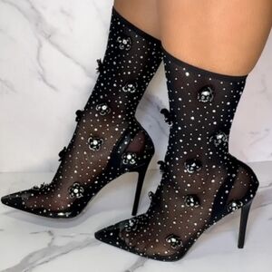 Embellished Black Sheer Pointed-Toe Stiletto Sock Boots